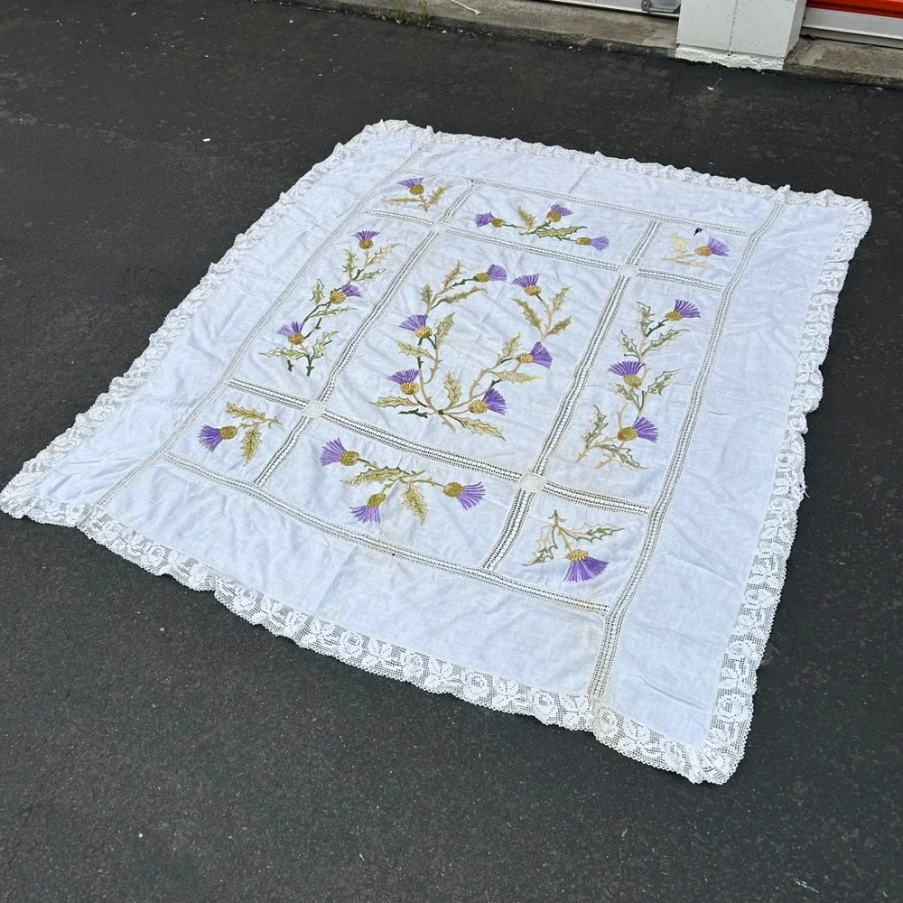 Vintage Hand Embroidered Irish Thistle Floral Table Cloth White Crochet Lace